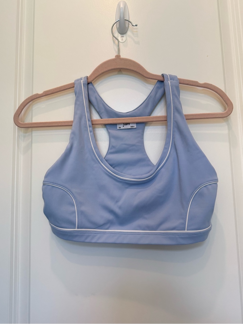 Yllw the Label Light Blue Racerback Sports Bra with White Piping